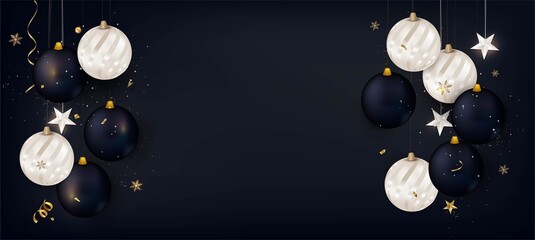 New Year 2021 postcard. Background with christmas decoration on a black. Horizontal banner. Vector.