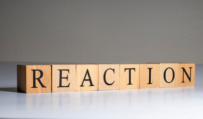 Reaction Word In Wooden Cube. Close up.