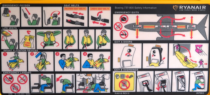 Safety instructions on the seat of an airplane
