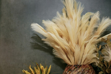 Background floral plant bouquet of dried flowers cortaderia pampas grass in vase for home interior decor trendy cane plant decorative fluffy yellow feathers with copy space