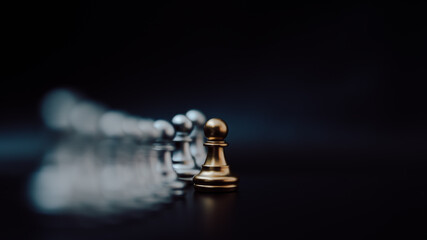 Gold pawn of chess. Unique, Think different, Individual and standing out from the crowd concept