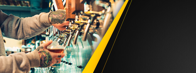 Hand of bartender, barman pouring a large beer in tap. Horizontal banner, flyer for ad. Concept of...