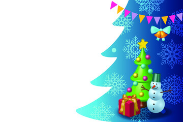 Christmas decoration copy space. Background for text with snowman, snowflakes and Christmas tree. 3D rendering.