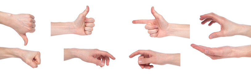 Male hand gestures isolated over the white background, set of multiple images. Images set of male caucasian hand gestures isolated on white background