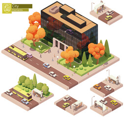 Vector isometric modern office building and bus stop. High-rise office buildings, trees, cars, bus and people. Isometric city or town map construction elements