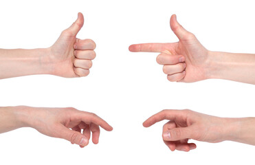 Male hand gestures isolated over the white background, set of multiple images. Images set of male caucasian hand gestures isolated on white background