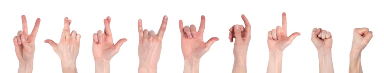 Male hand gestures isolated over the white background, set of multiple images. Images set of male caucasian hand gestures isolated on white background