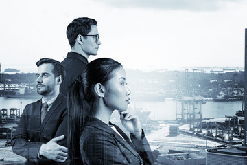 Group of three business colleagues in suits dreaming about new career opportunities after MBA graduation. Concept of multinational corporate team. Singapore on background. Double exposure.