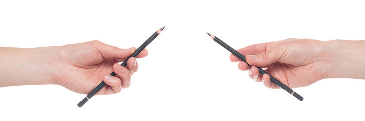 Hand holding black pen isolated on white background.