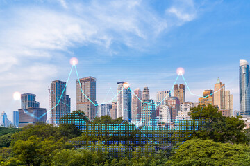 Obraz premium Financial stock chart hologram over panorama city view of Bangkok, business center in Asia. The concept of international transactions. Double exposure.