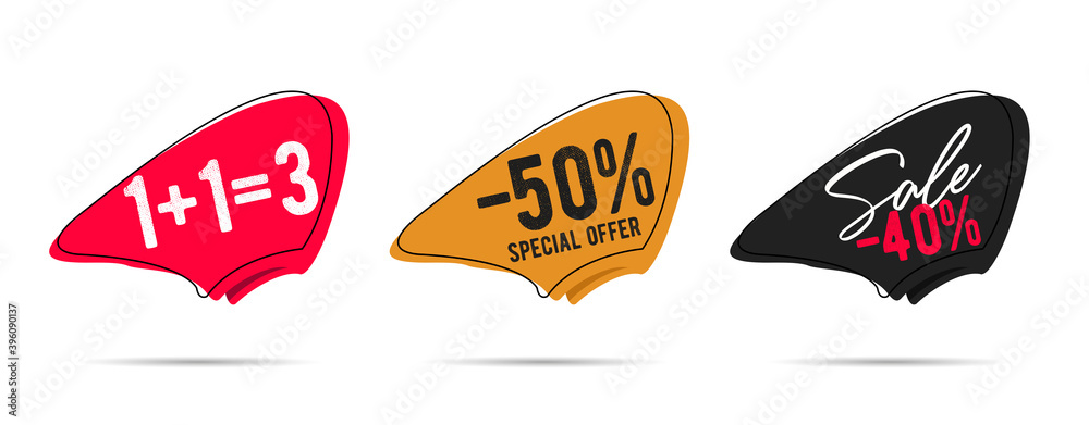 Sticker Price tag or label for promo advertising shopping campaign with three discount deals, abstract dynamic shapes with outline