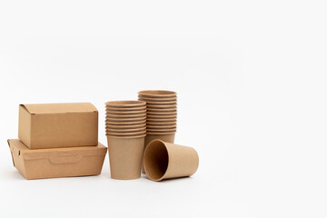 Paper coffee glasses and boxes on white background
