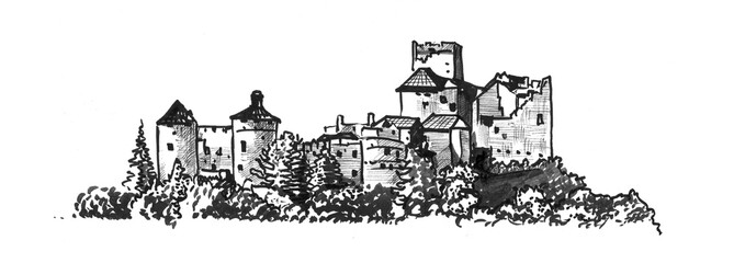 Obraz premium Hand drawn medieval castle. Watercolor illustration of ancient towers.