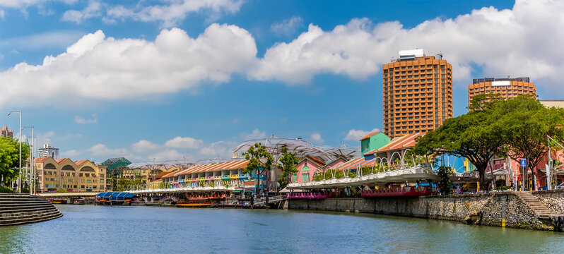 A view from a riverboat towards Clarke Quay in Singapore, Asia