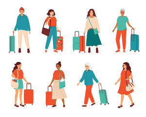 Fototapeta na wymiar Traveling people, business trip, tourism. Collection of happy young and senior gray haired women of diverse nationalities standing with suitcases and travel bags. Set of isolated vector illustrations