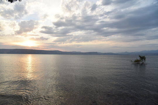 Sunset over the Sea of Galilee and Golan Heights. High quality photo.