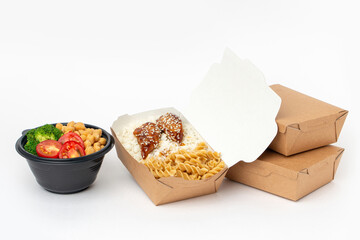 Healthy food in boxes, plastic boxes and paper boxes