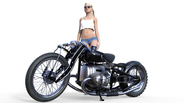 Model mit Dreadlocks posiert mit Motorrad, Retro, Rat bike