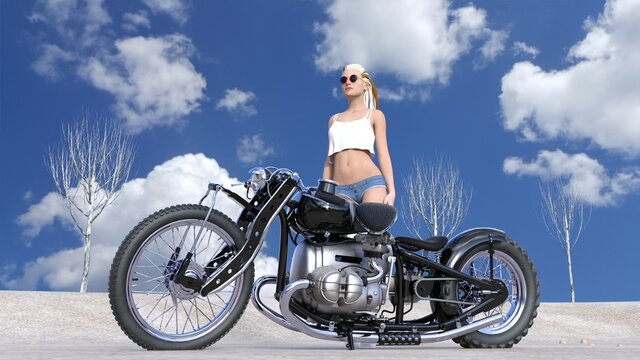 Model posiert vor Motorrad , Wüste, Dreadlocks , Retro
