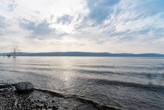 Sunset over the Sea of Galilee and Golan Heights. High quality photo.