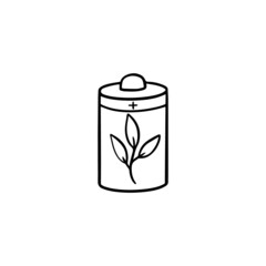 Alkaline battery with plant black icon isolated on white background. Electronic voltage equipment full power. Hand drawn simple outline illustration. Eco technology. Charger accumulator. 