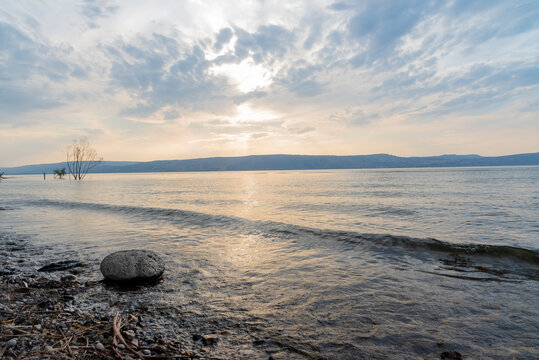 Sunset over the Sea of Galilee and Golan Heights. High quality photo.
