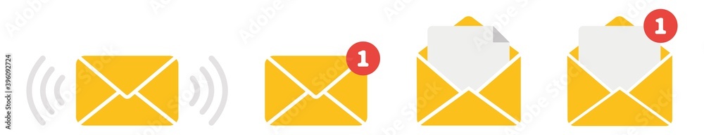 Aufkleber envelope flat vector icon set. document enclosed in envelope, closed and open envelope with message.