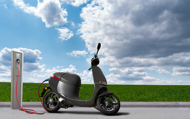 Electric scooter with charging station on a background of green field and blue sky © scharfsinn86