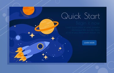 Banner with a rocket taking off in outer space. Illustration with a space shuttle surrounded by planets of the solar system and stars on a dark blue background. Startup. Successful start.