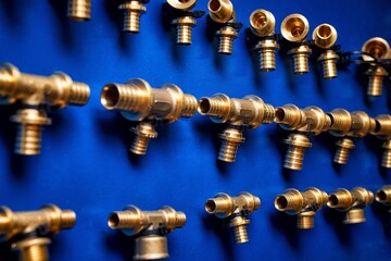 Brass fittings for water supply on a blue background.