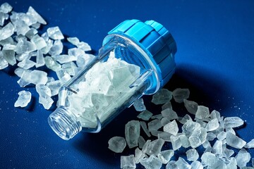 water filter with a crumb of salt crystals on a blue background