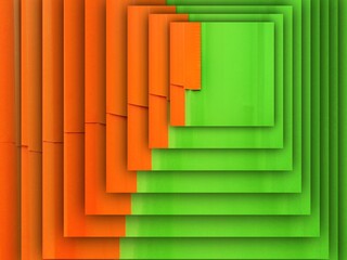 3D illustration vivid orange and bright green simple geometric patterns and designs from overlapping metal sheets