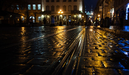 Fototapeta na wymiar Lviv, Ukraine - November 28, 2020: Lviv Market square at night in rain