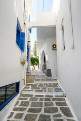 A street in the old town of Chora, the capital of Ios Island. Traditional Cycladic architecture. Greece