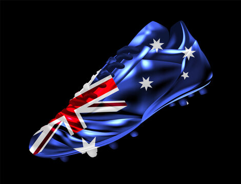 Soccer football boot with the flag of Australia printed on it, isolated on dark background, vector illustration 3d, 3 dimension, print, design