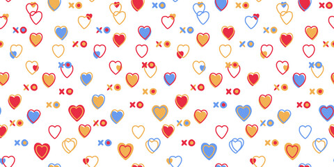 Abstract seamless pattern for Valentines day. Small multi-colored hearts. Cute hand-drawn simple illustration. Ornament for wrapping paper banner, postcard. Vector illustration about love.