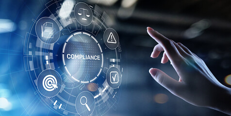 Fototapeta premium Compliance concept with icons and text. Regulations, law, standards, requirements, audit diagram on virtual screen.