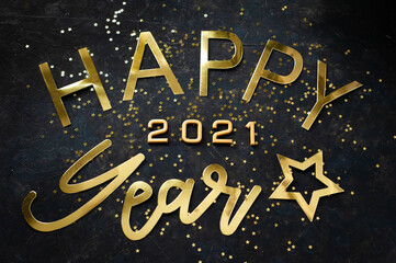 Fototapeta na wymiar Happy New Year 2021. Golden letters and numbers on a dark background. 