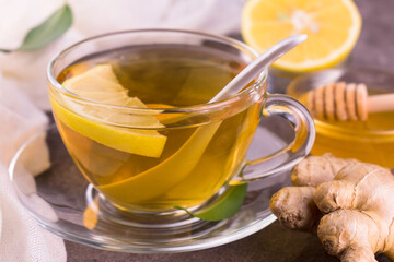 A cup of healthy tea with ginger, honey and lemon.
Close-up.