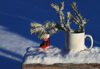 Decorative composition with a branch of a Christmas tree on the sunny snow.