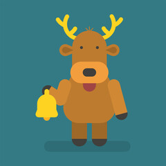 Reindeer holding christmas bell. Vector character