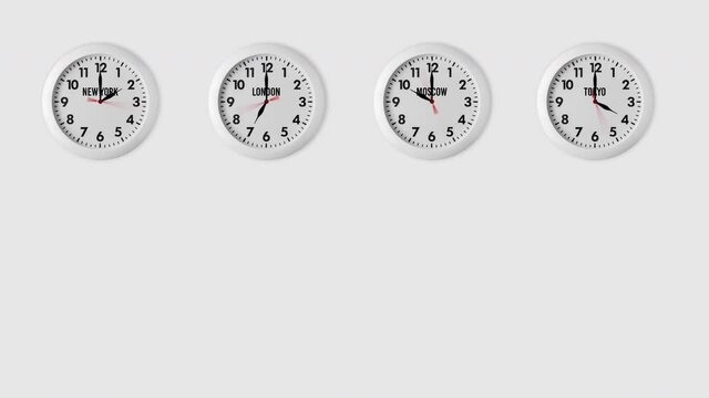 seamless looping animation with four timezone clocks showing different time in London, Tokyo, New York and Moscow. White and gray background with copy space