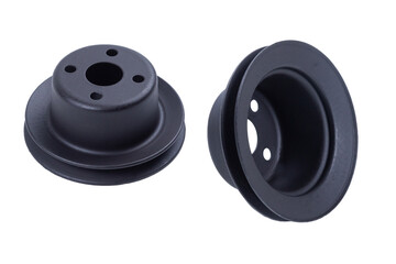 new metal car water pump pulley, black color, with front and back side isolated on white background.