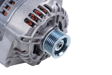 part of a new car alternator, close - up view isolated on a white background