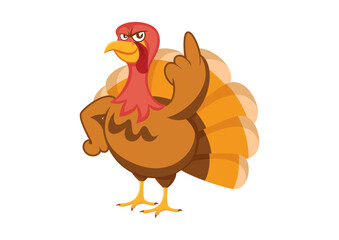 Turkey with raised middle finger icon vector. Thanksgiving turkey bird cartoon character. Funny turkey icon vector isolated on a white background. Turkey bird hates thanksgiving vector illustration