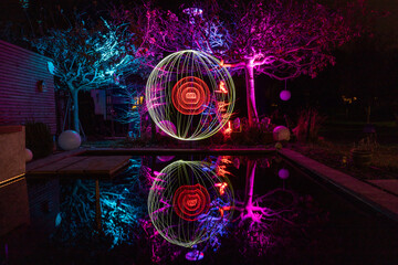 Light painting with colorfully illuminated trees