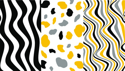 A set of abstract backgrounds, patterns of wavy black, white, yellow and gray lines and spots. Vector illustration.