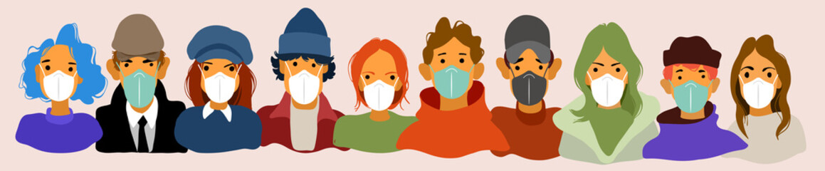 Fighting the pandemic. A group of people in medical masks. Protection against disease, air pollution, flu. Vector illustration in flat style