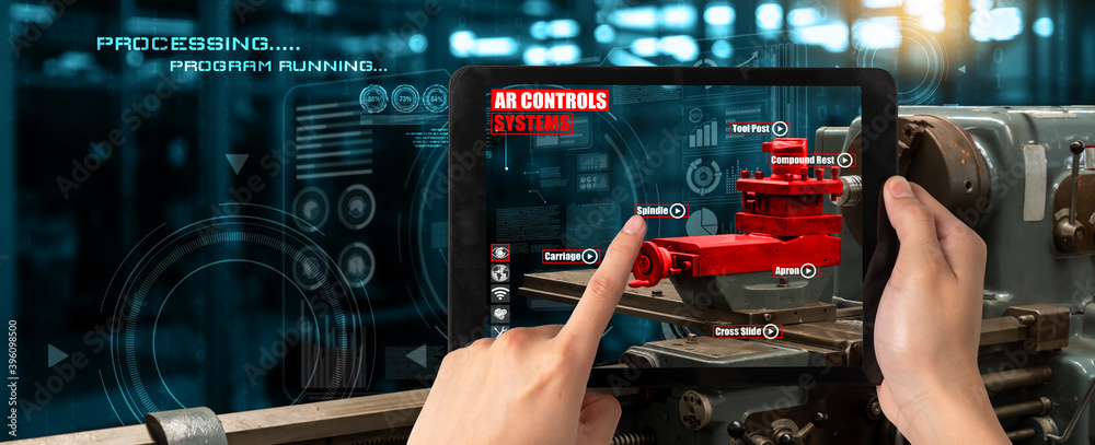 Poster engineer use augmented reality software in smart factory production line with automated application 