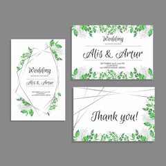 Wedding invite invitation card floral greenery design, green leaves foliage herb greenery, berry frame, border. Poster, greeting Watercolor art illustration